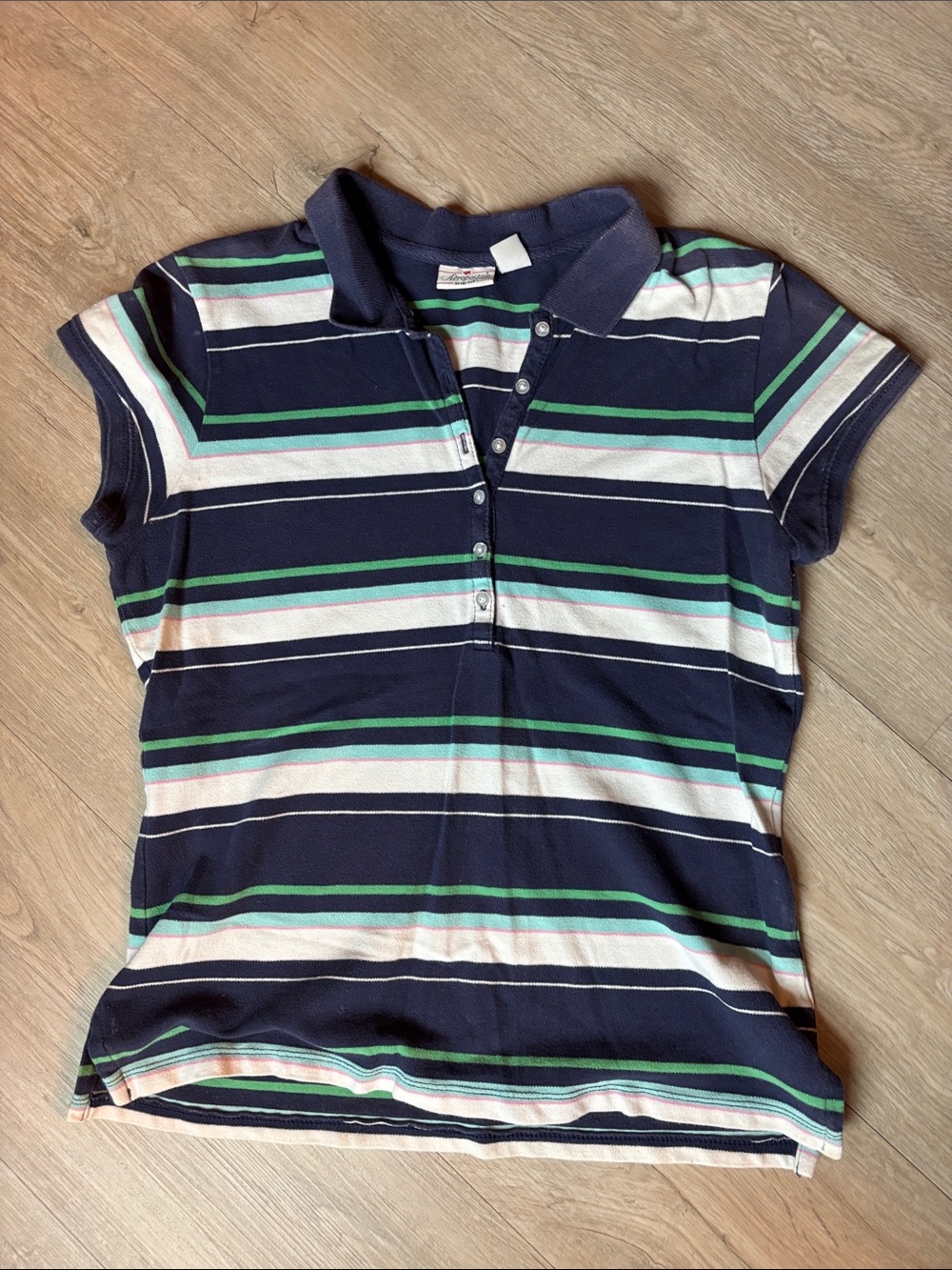 Aeropostale Navy, White & Green Striped Polo